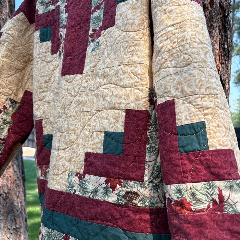 Quilted Hooded Patchwork Pullover Jacket - Burgun… - image 4